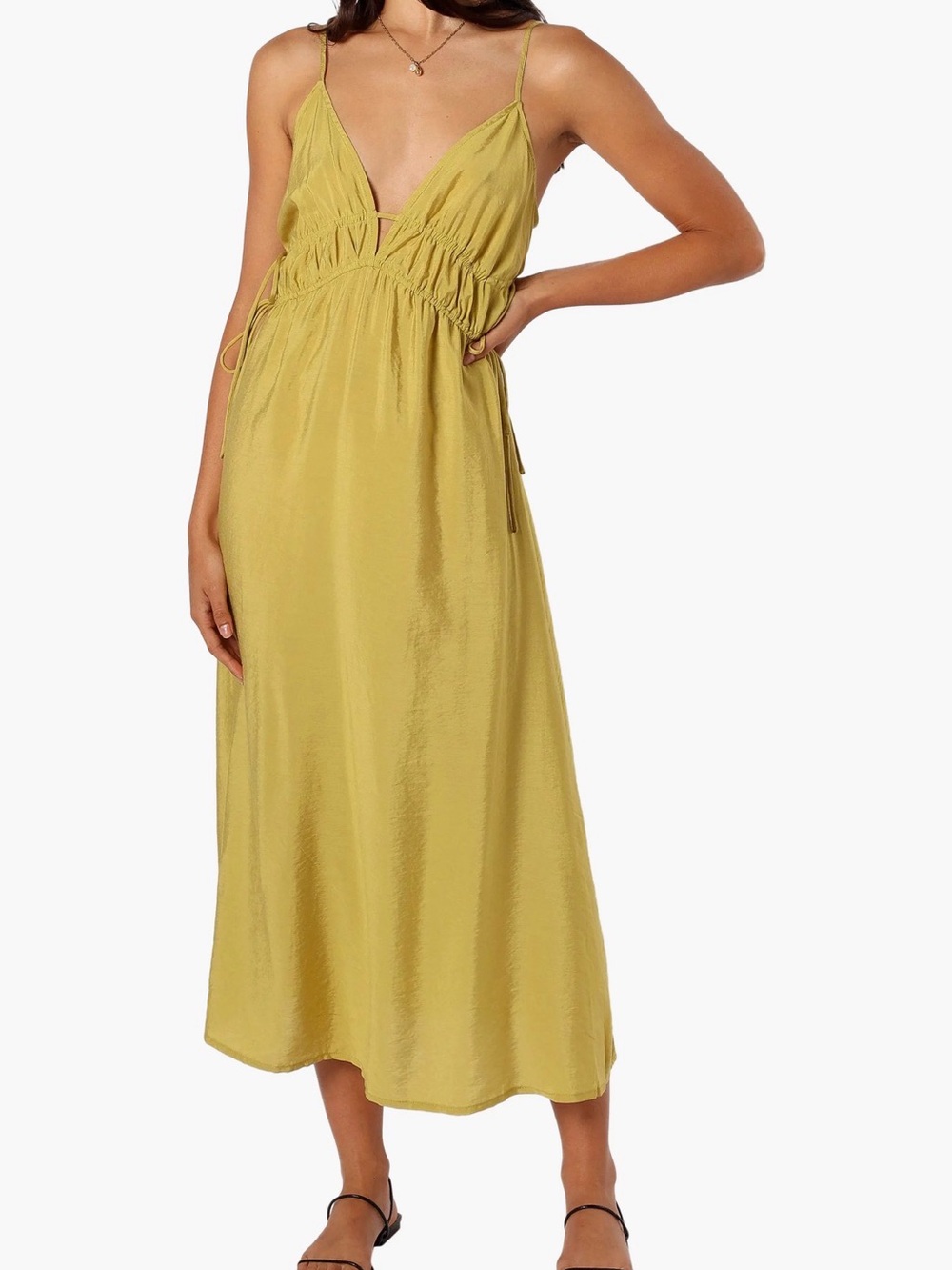 H&M Olive Yellow Midi Slip Dress with Adjustable Waist